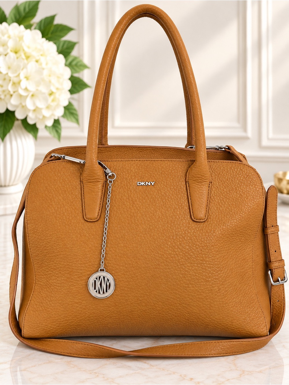 DKNY Tan Pebbled Leather Satchel Crossbody Shoulder Bag Everyday tote